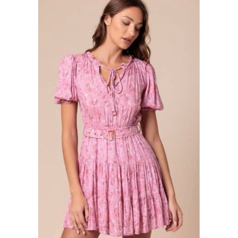 ✨Anthro Lusana Ayla Pink Paisley Puff Sleeve Tiered Mini Fit&Flare Sz 2 Dress✨